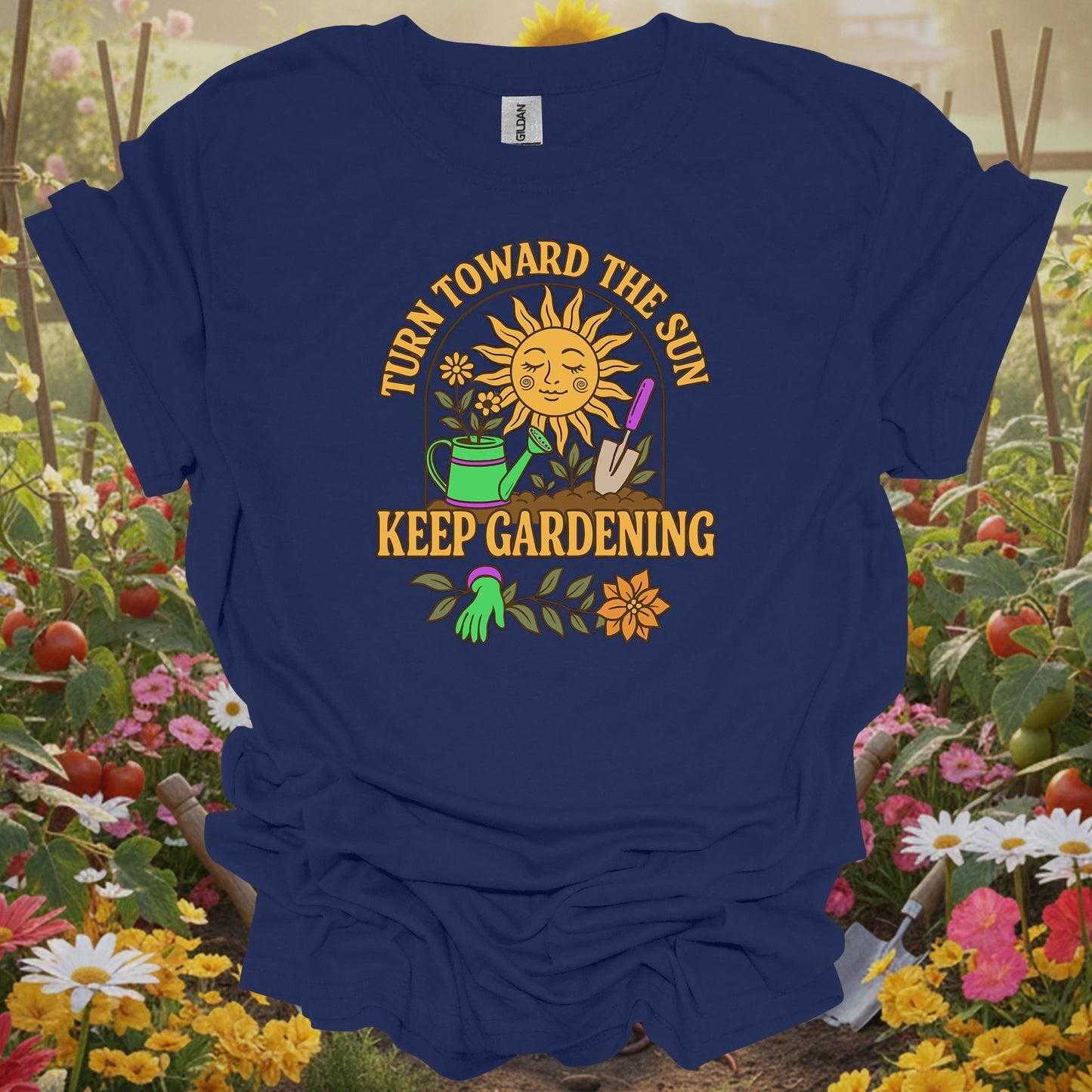 Navy top showing turn toward the sun retro inspirational for green thumb folks