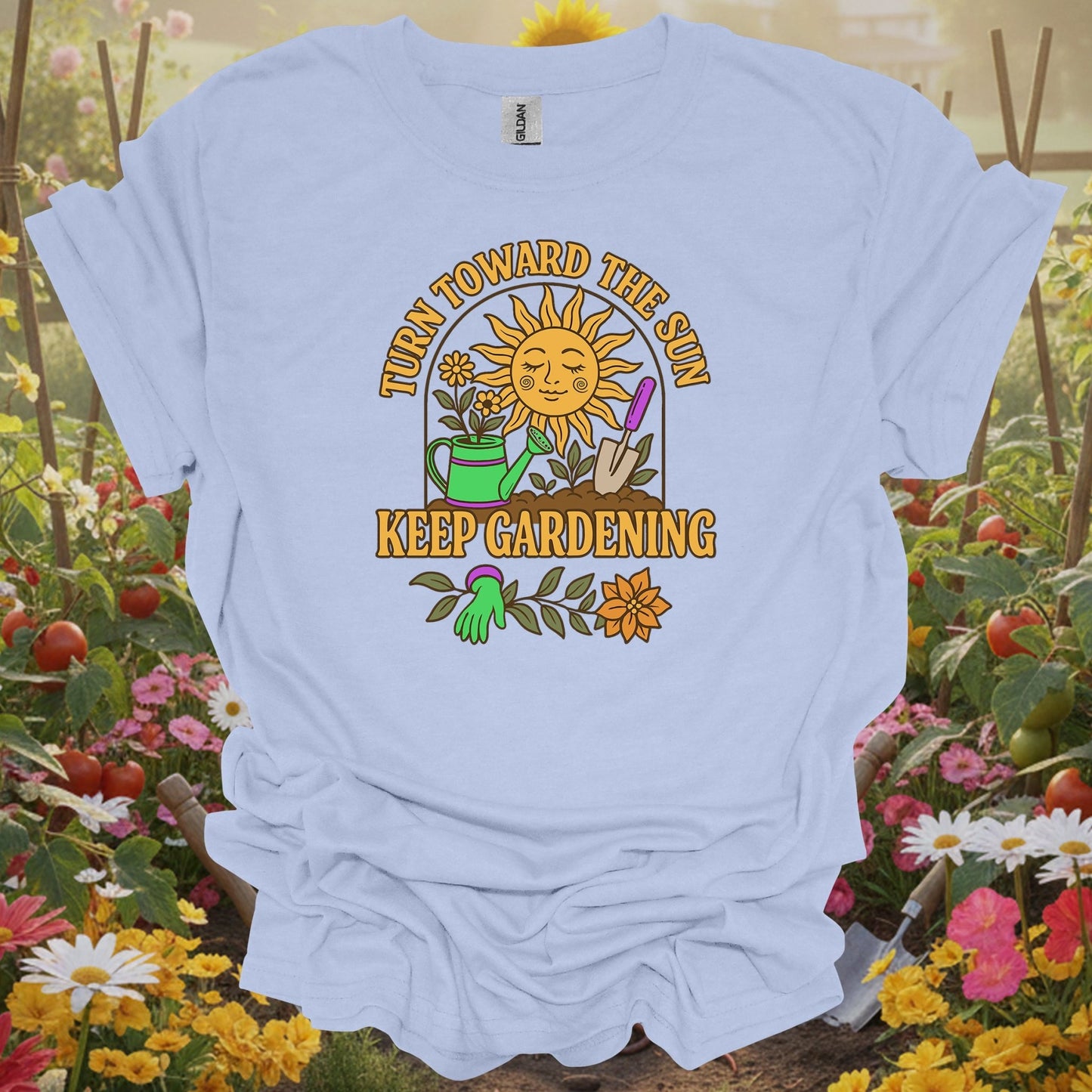Light Blue shirt showing turn toward the sun retro inspirational for home gardeners