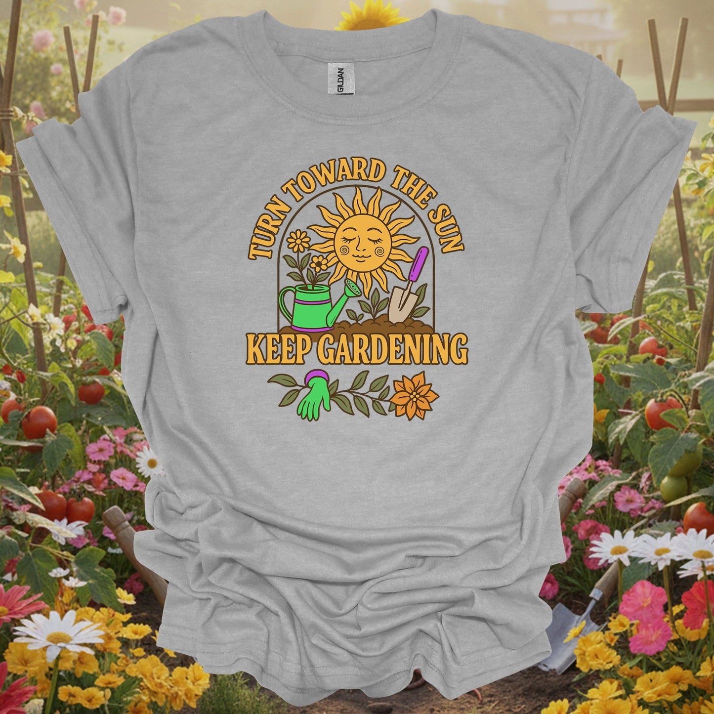 Sport Grey tee showing turn toward the sun retro inspirational for garden hobbyists