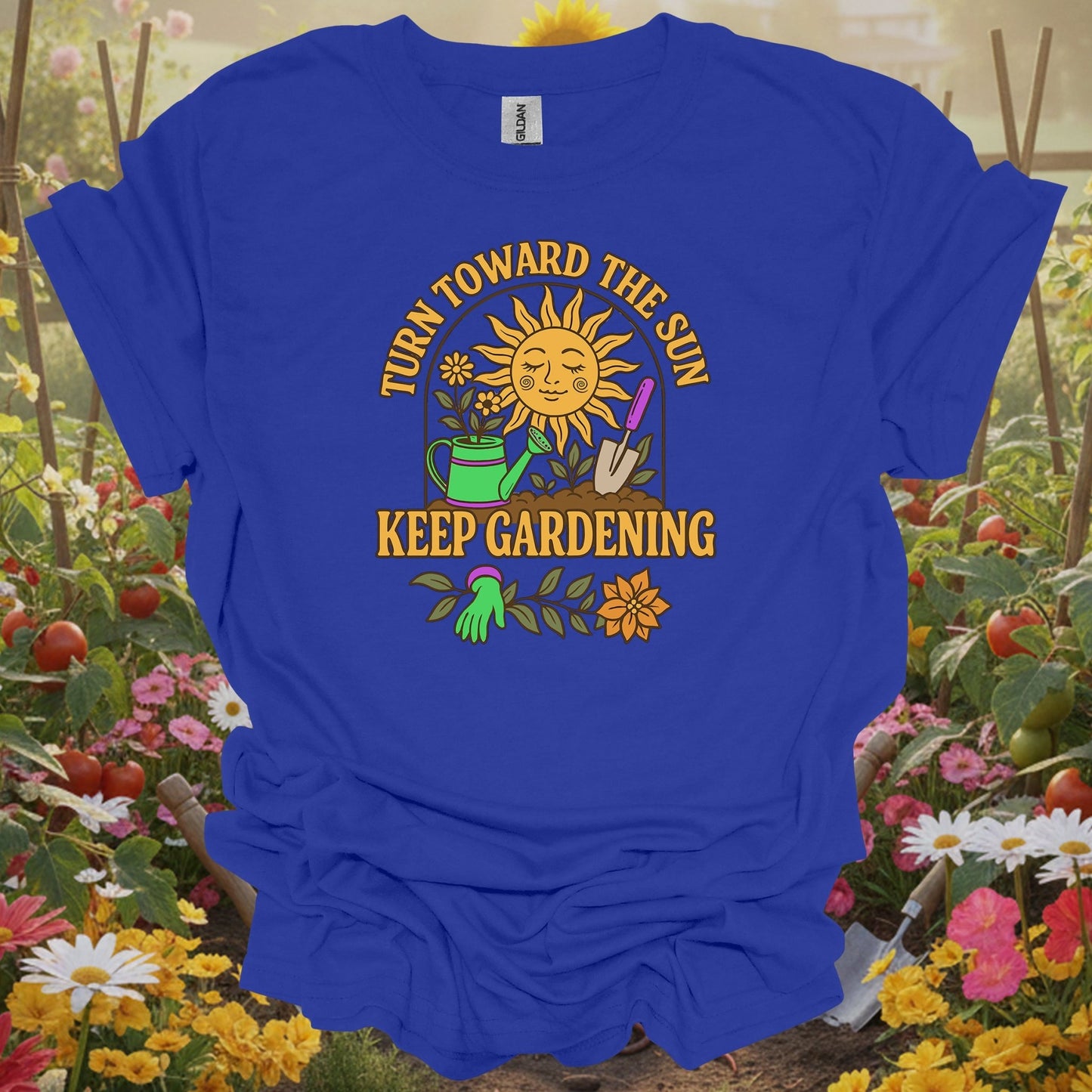 Royal tshirt showing turn toward the sun retro inspirational for backyard growers