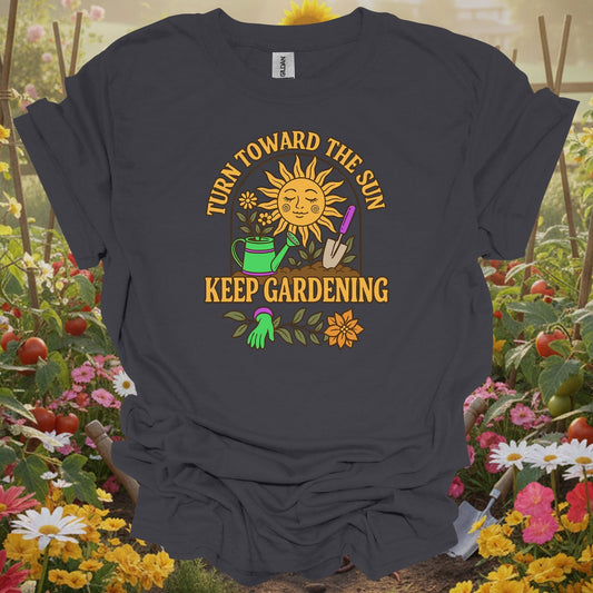 Charcoal tee showing turn toward the sun retro inspirational for plant lovers