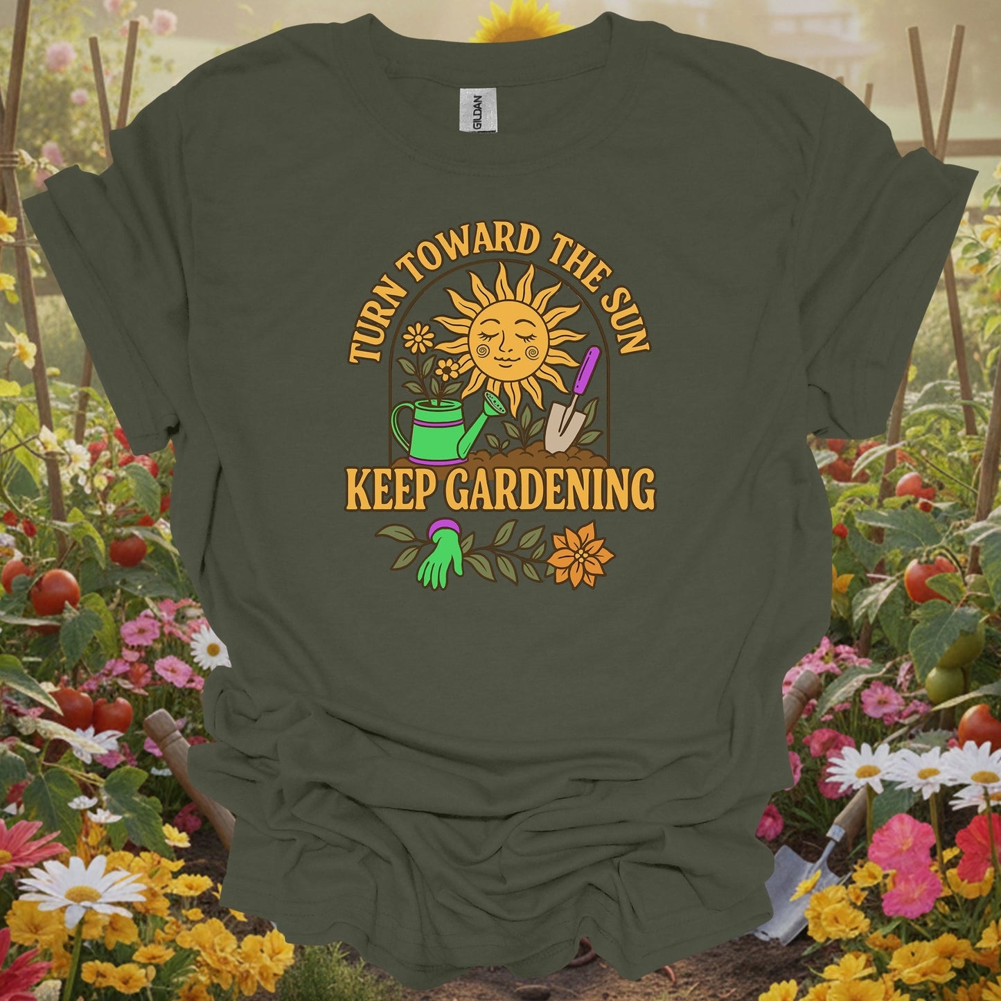 Military Green top showing turn toward the sun retro inspirational for nature lovers