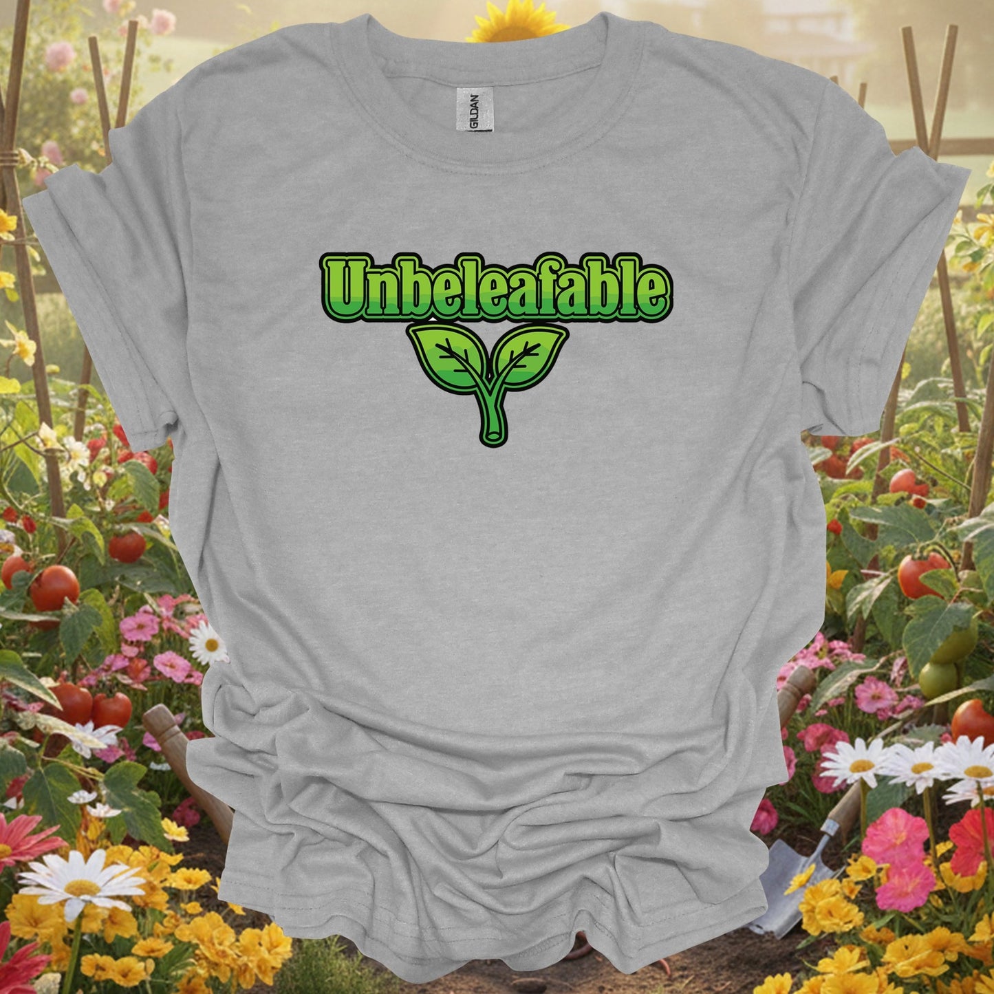 Sport Grey tshirt showing unbeleafable funny plant pun for gardening enthusiasts
