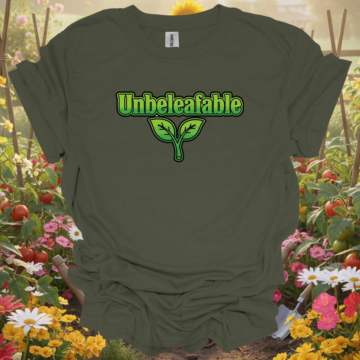 Military Green top showing unbeleafable funny plant pun for nature lovers