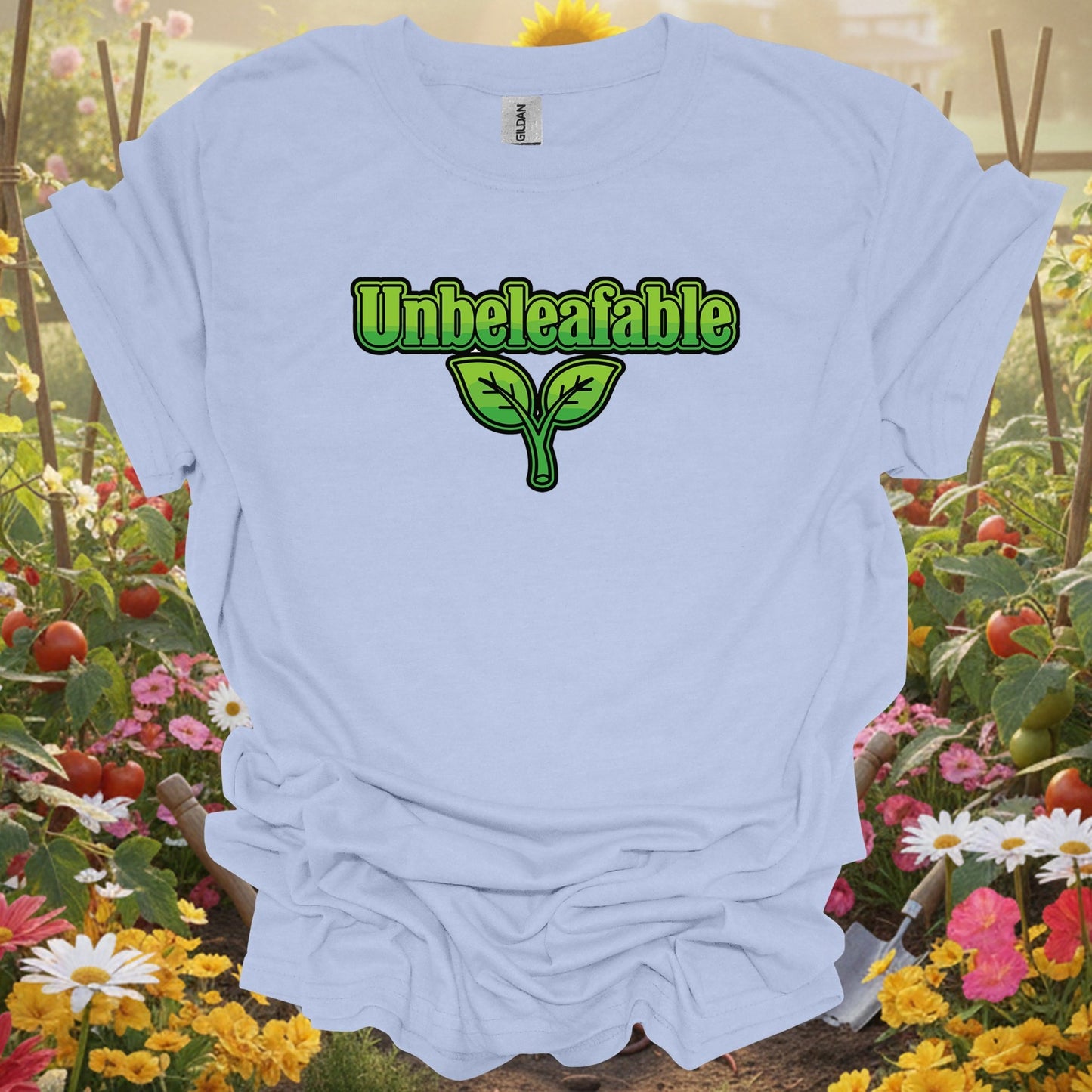 Light Blue shirt showing unbeleafable funny plant pun for home gardeners