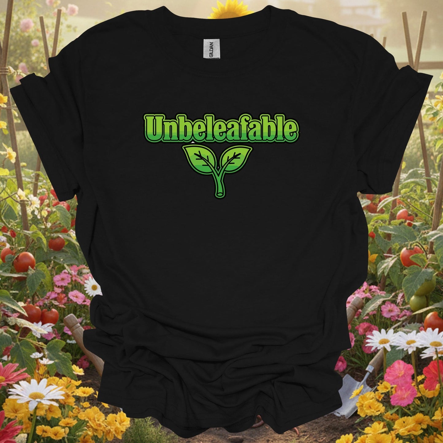 Black shirt showing unbeleafable funny plant pun for outdoor enthusiasts