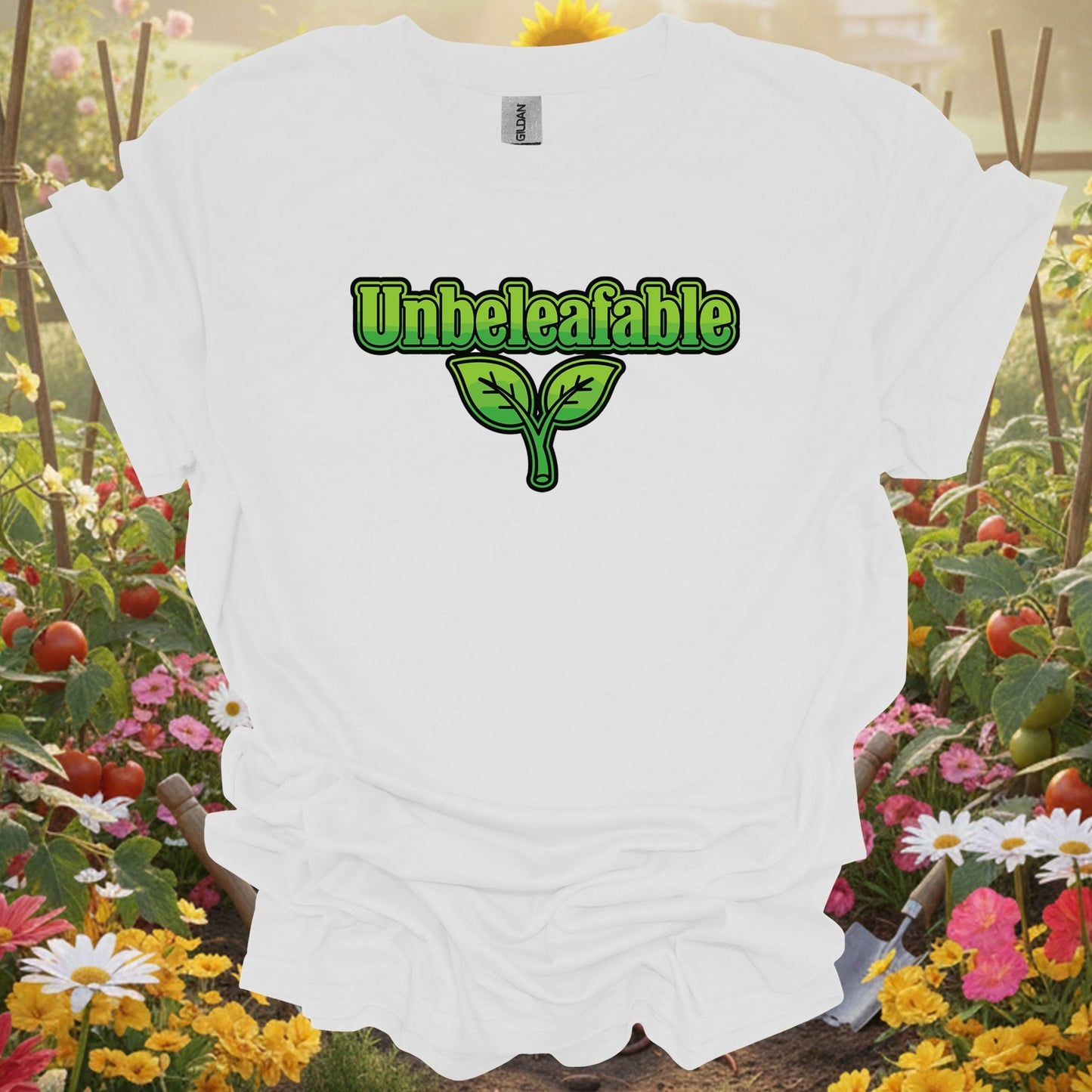 White tee showing unbeleafable funny plant pun for garden hobbyists