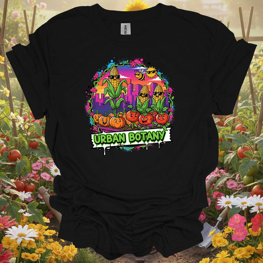 Black tshirt showing urban botany funky graffiti city gardening for gardening enthusiasts