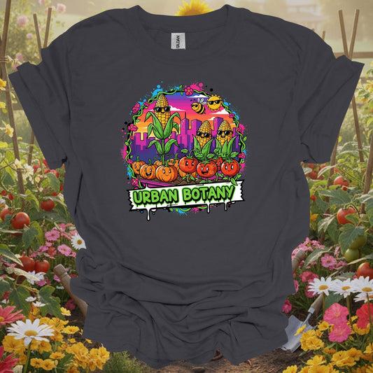 Charcoal tee showing urban botany funky graffiti city gardening for plant lovers