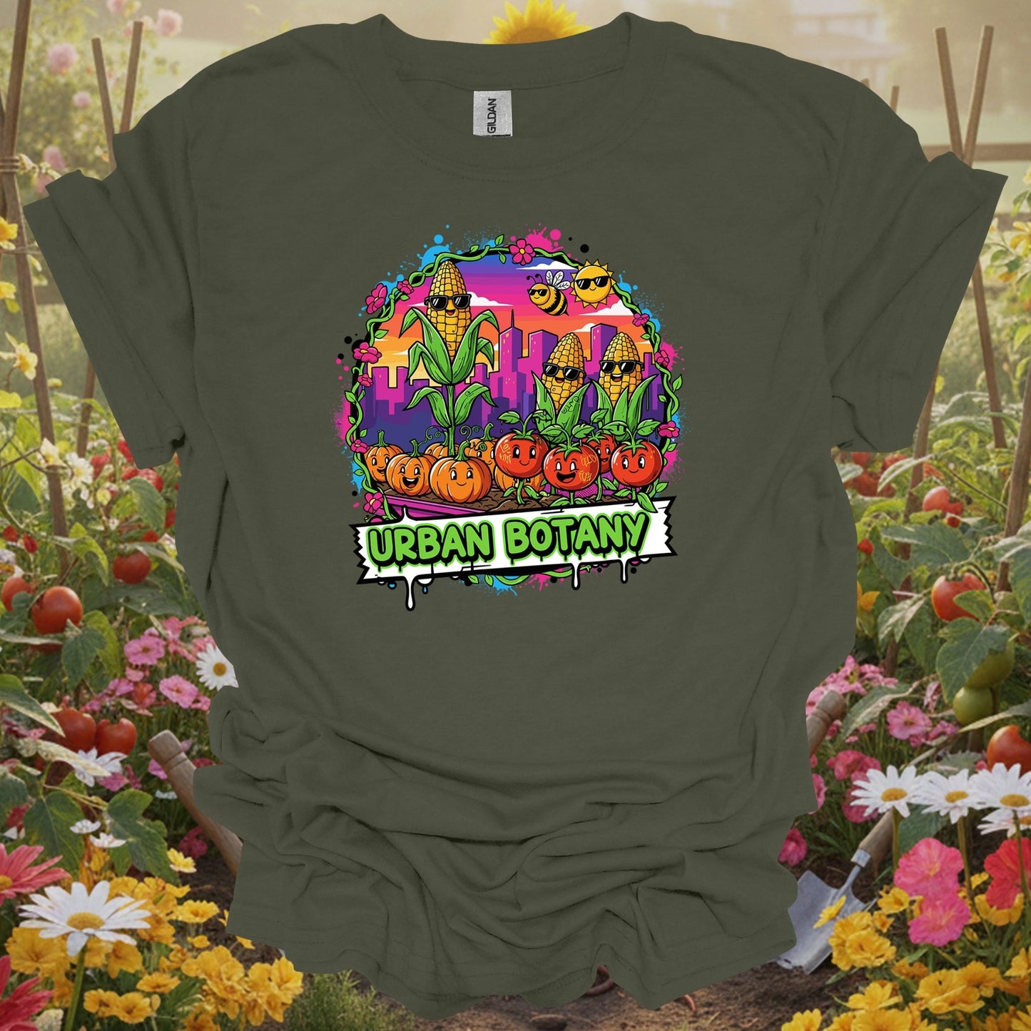 Military Green top showing urban botany funky graffiti city gardening for nature lovers