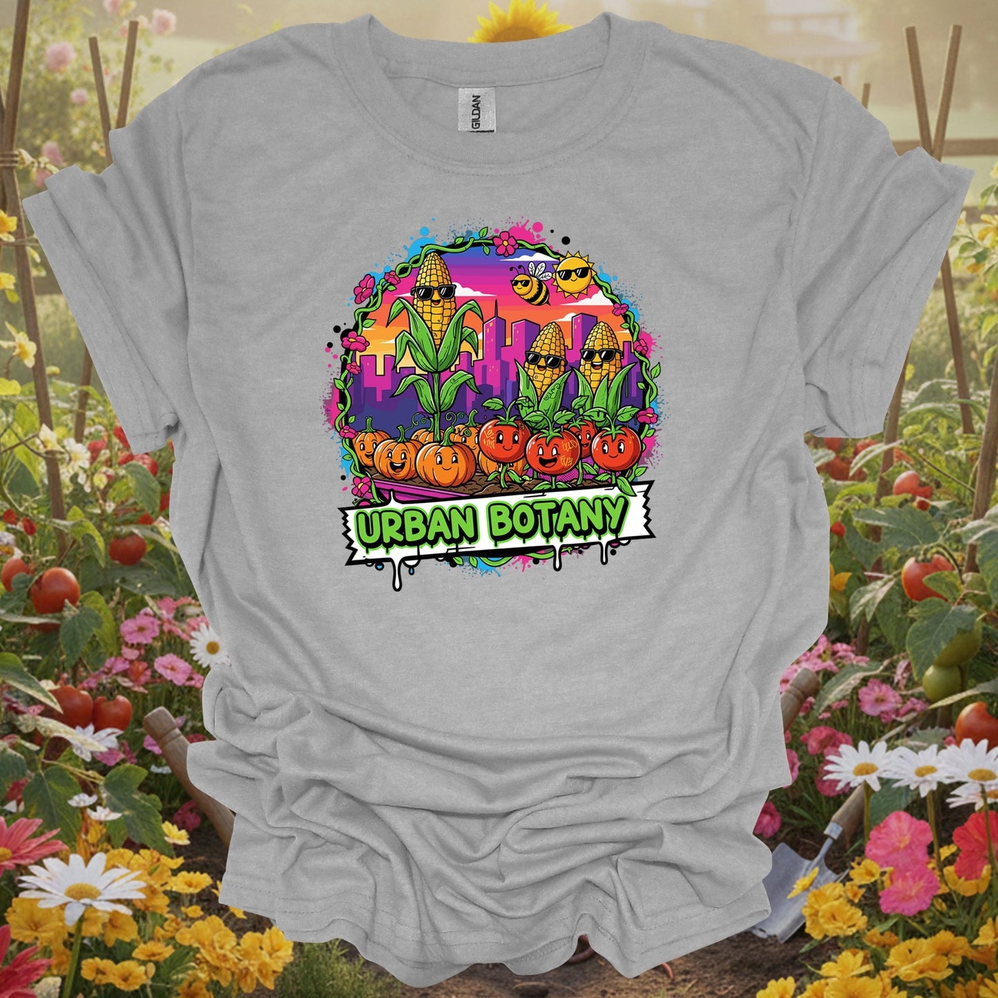 Sport Grey tee showing urban botany funky graffiti city gardening for garden hobbyists