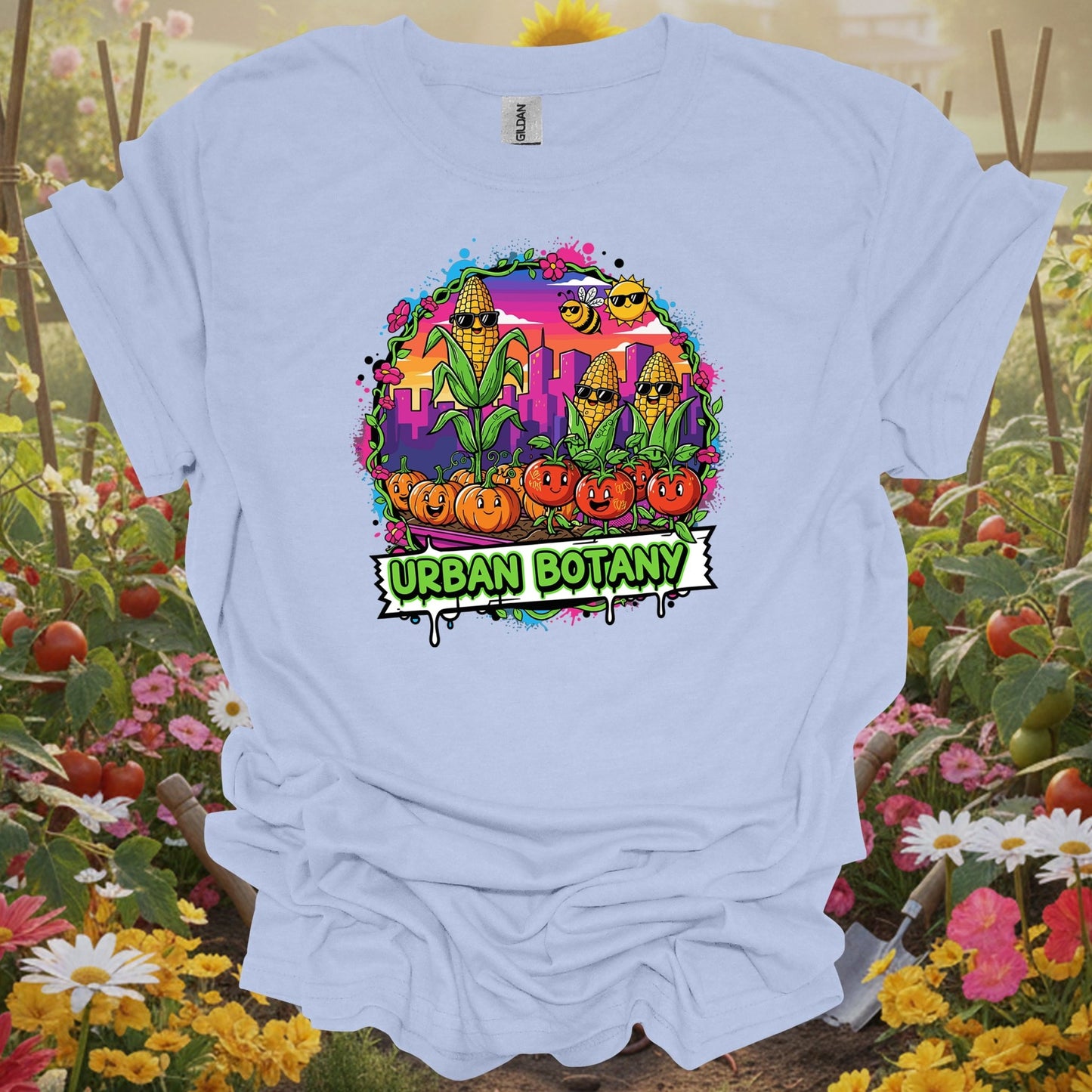 Light Blue shirt showing urban botany funky graffiti city gardening for home gardeners