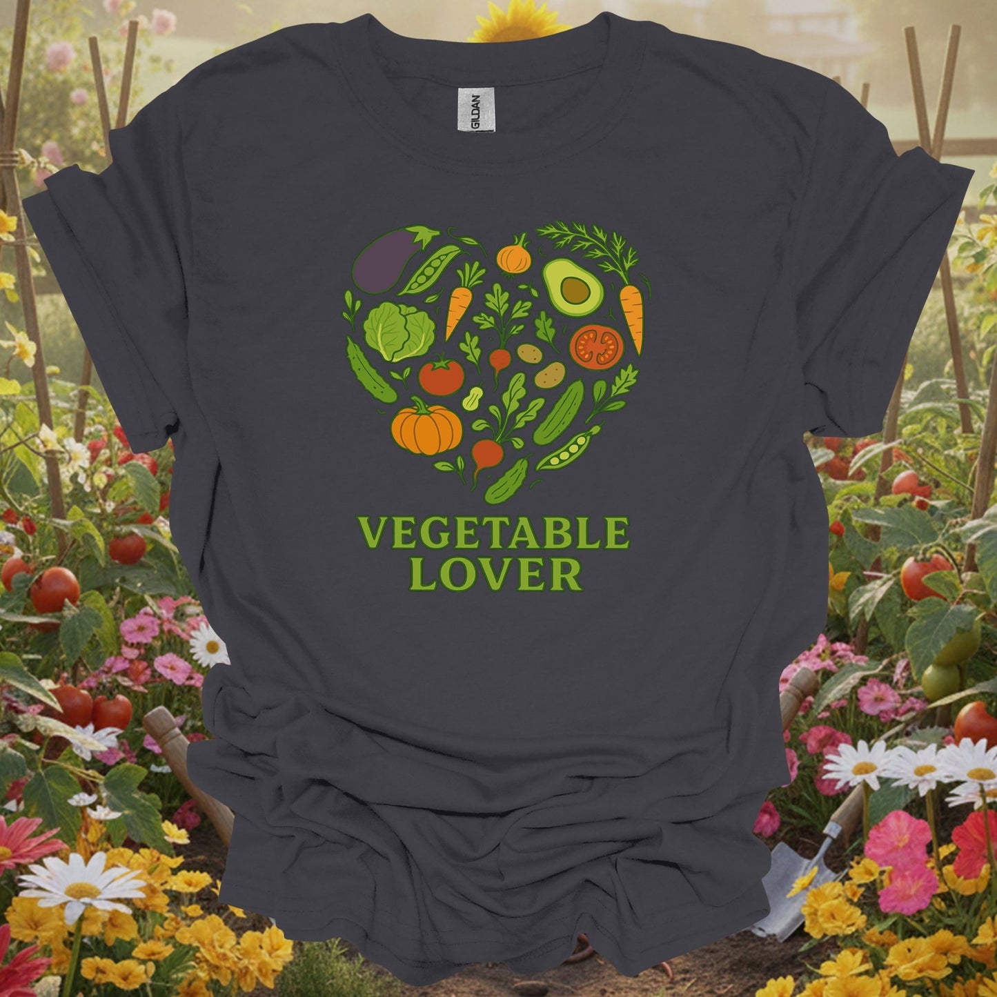 Charcoal tee showing vegetable heart healthy harvest garden design for health-conscious growers