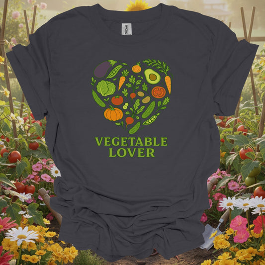 Charcoal tee showing vegetable heart healthy harvest garden design for health-conscious growers