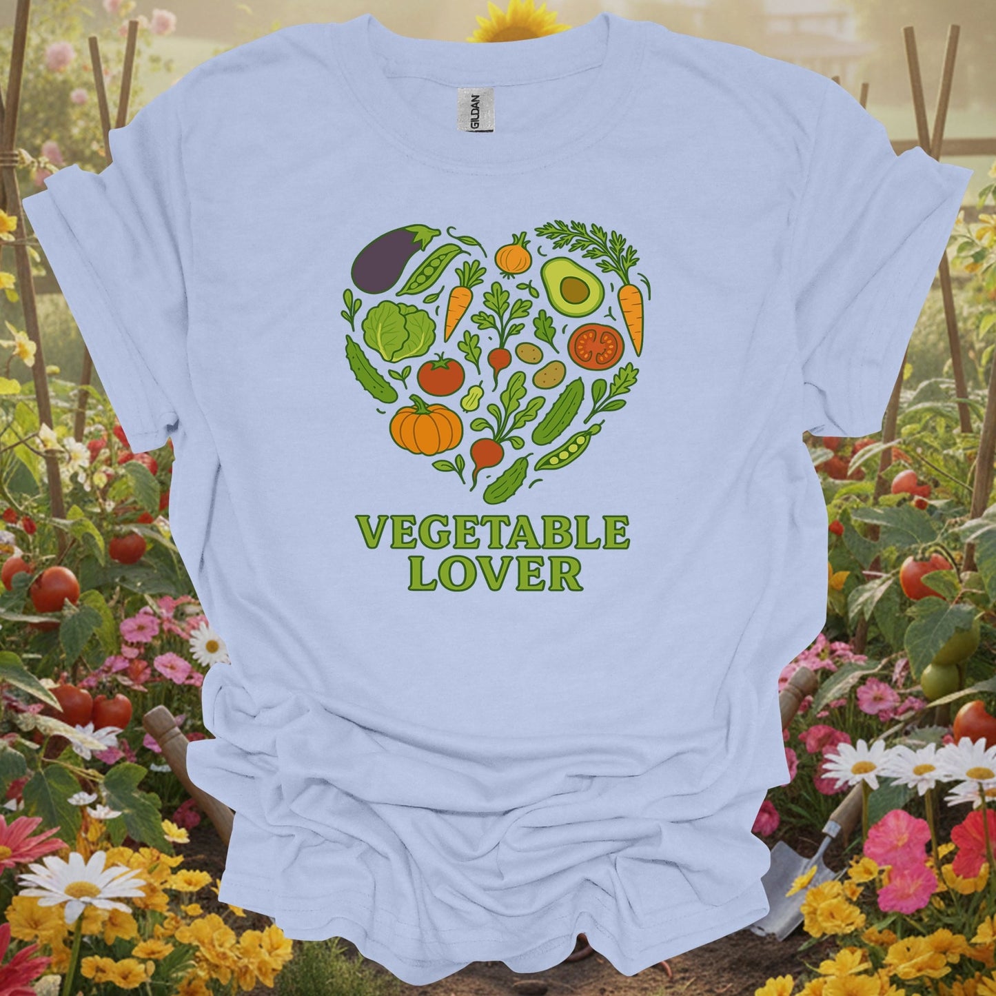 Light Blue shirt showing vegetable heart healthy harvest garden design for people who love fresh produce