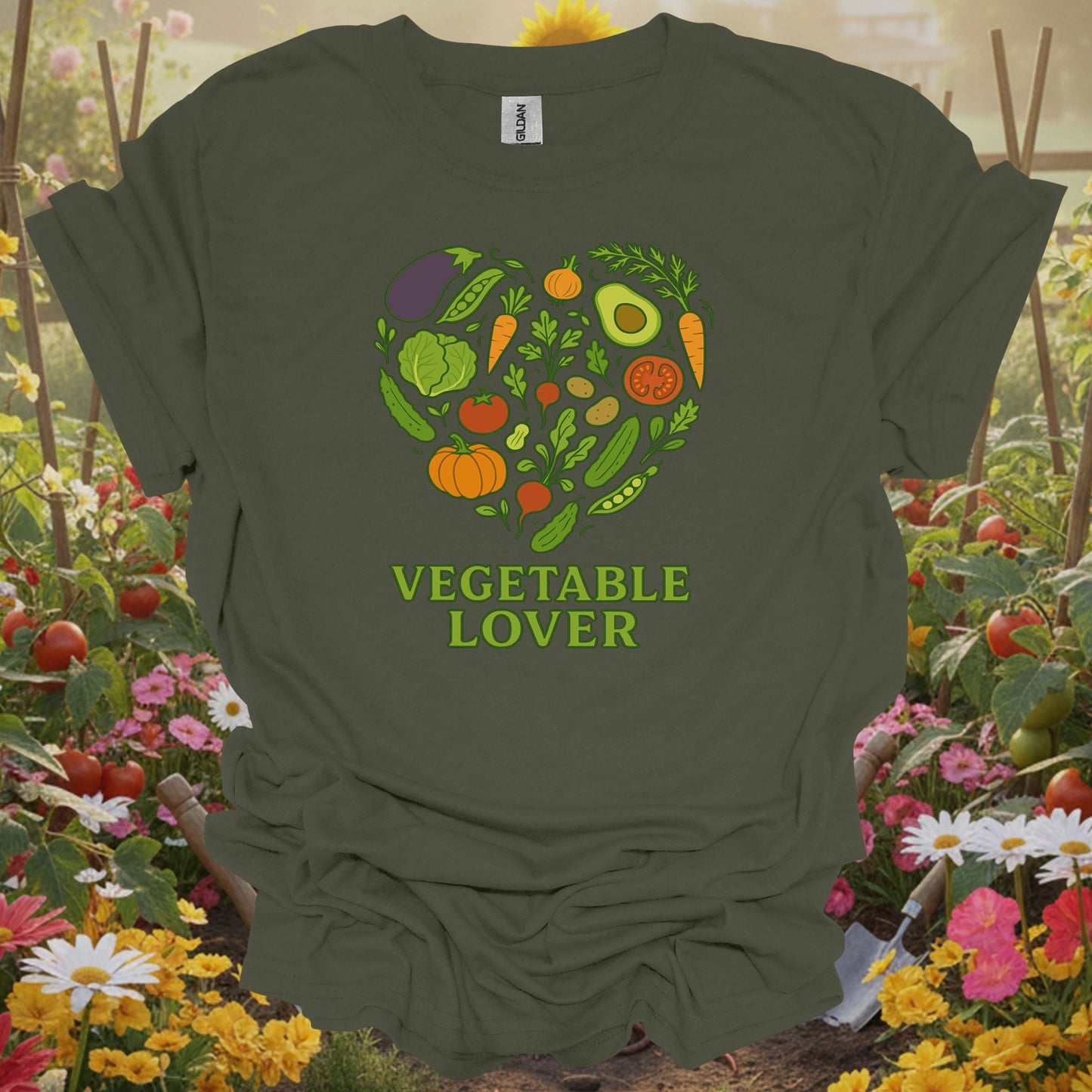 Military Green tshirt showing vegetable heart healthy harvest garden design for vegetable gardeners