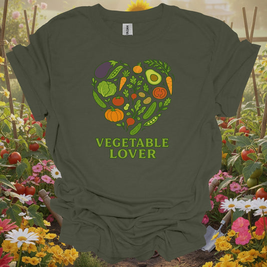 Military Green tshirt showing vegetable heart healthy harvest garden design for vegetable gardeners