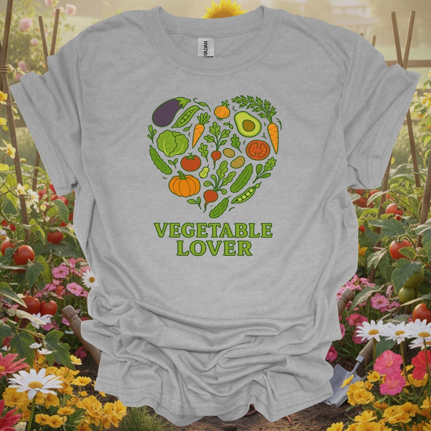 Sport Grey tee showing vegetable heart healthy harvest garden design for folks growing nutrition