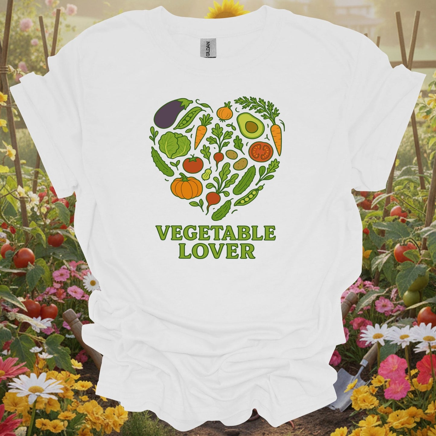 White shirt showing vegetable heart healthy harvest garden design for healthy eating enthusiasts