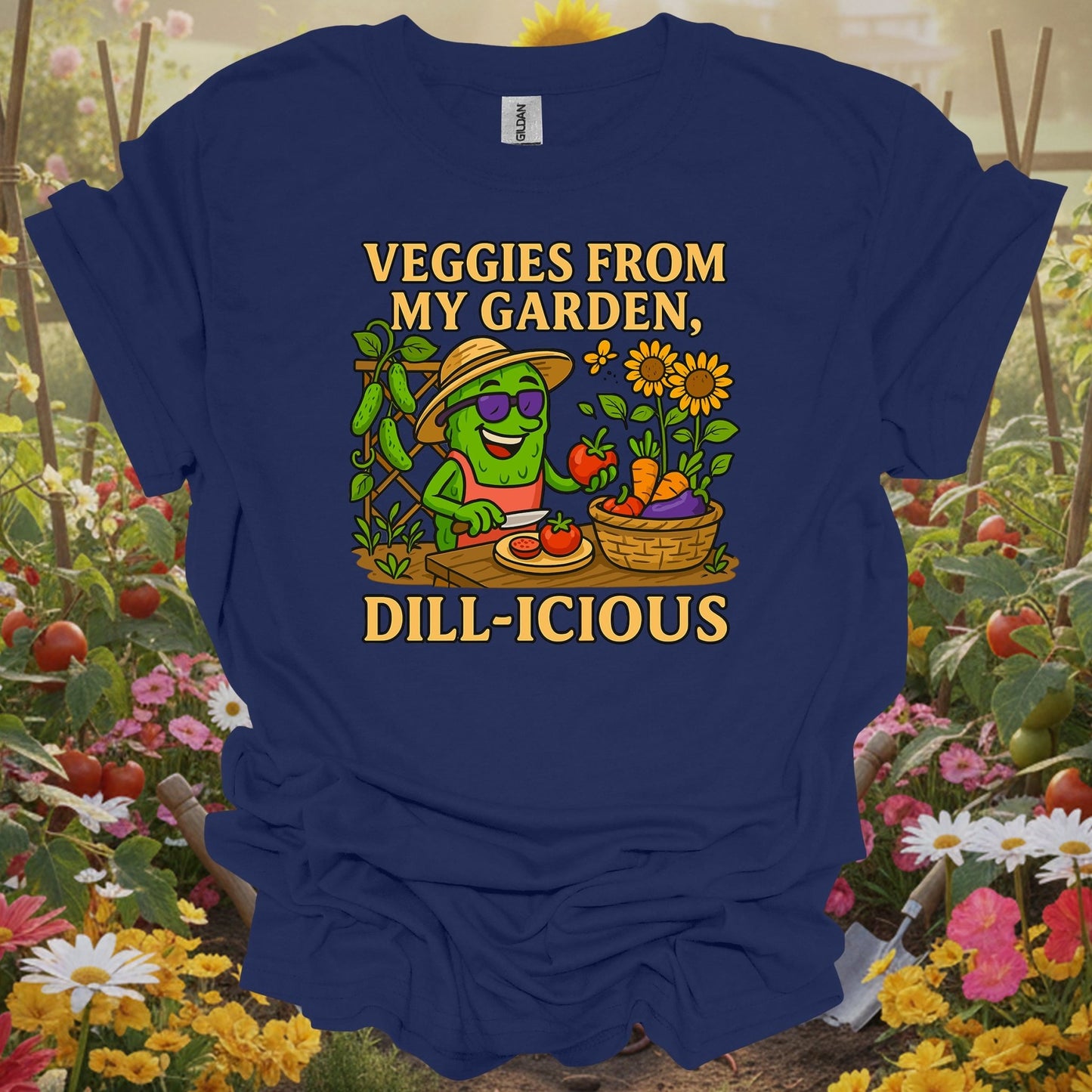 Navy shirt showing veggies from my garden dill-icious funny for home gardeners