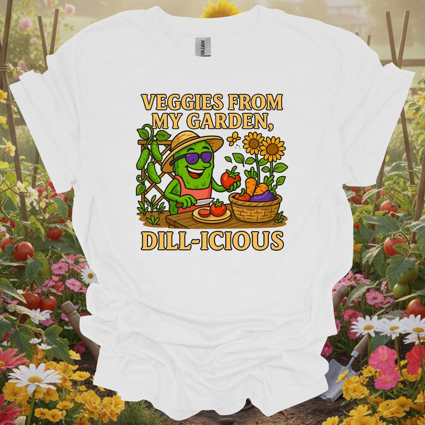 White tee showing veggies from my garden dill-icious funny for garden hobbyists