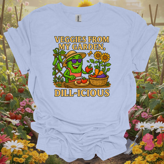 Light Blue tee showing veggies from my garden dill-icious funny for plant lovers