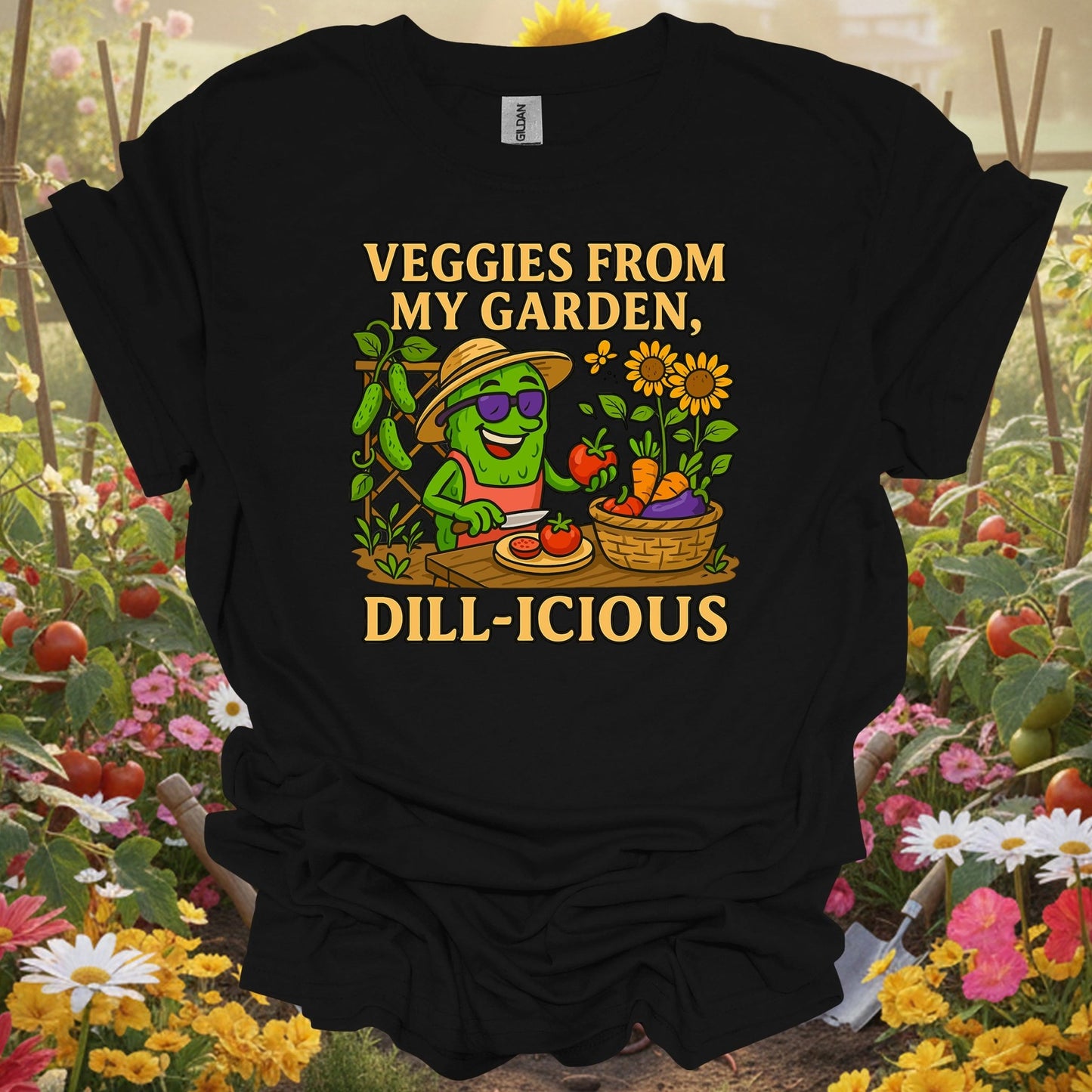 Black shirt showing veggies from my garden dill-icious funny for outdoor enthusiasts