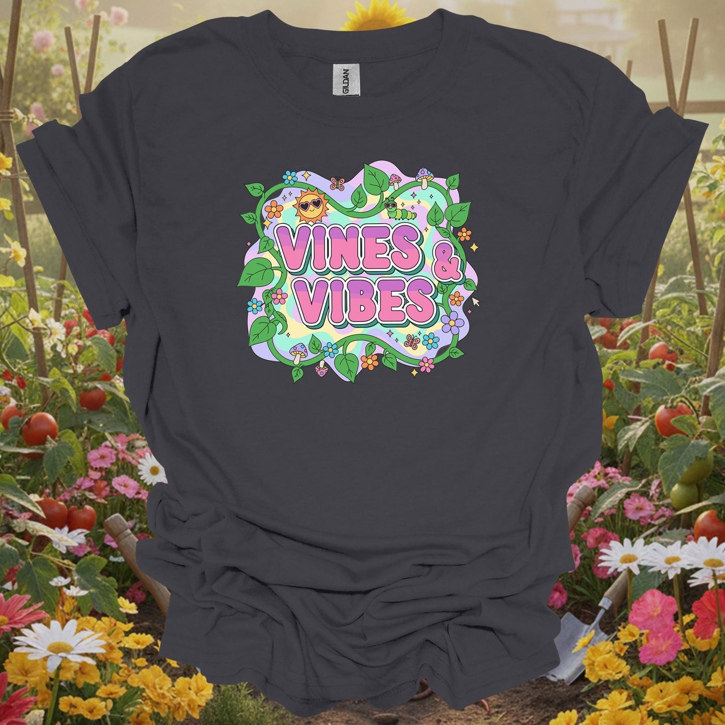 Charcoal tee showing psychedelic Y2K vines and vibes retro design for Y2K aesthetic fans