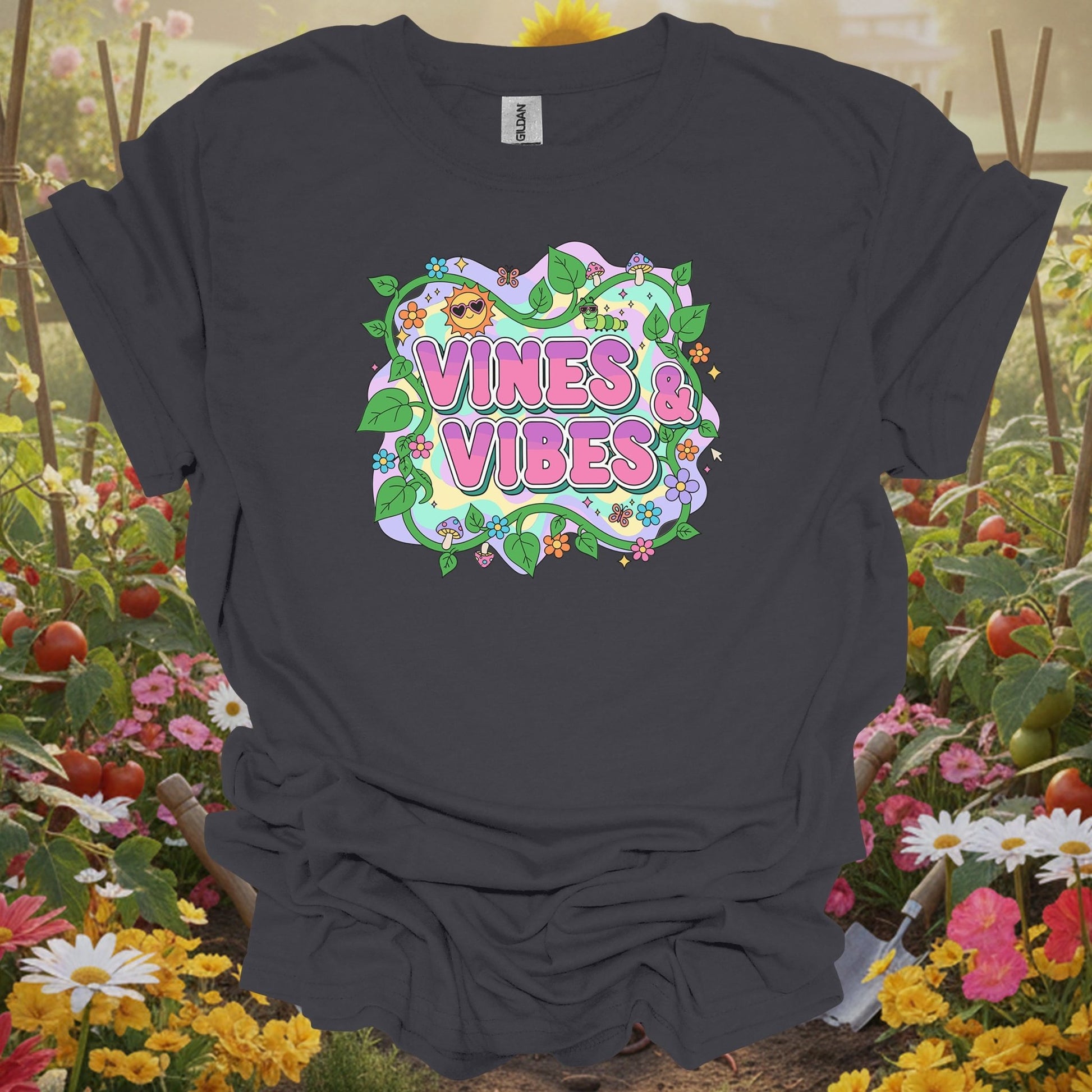 Charcoal tee showing psychedelic Y2K vines and vibes retro design for Y2K aesthetic fans