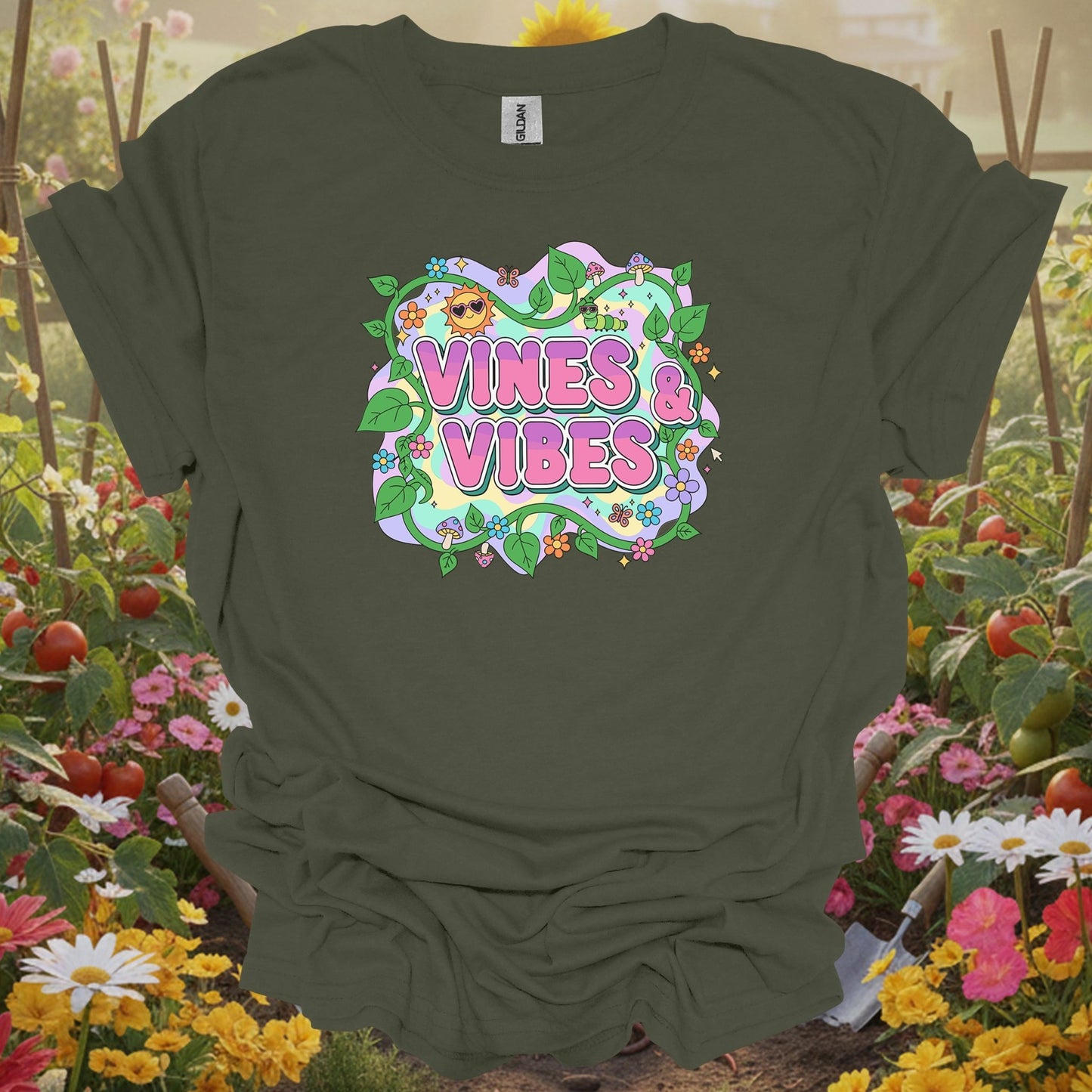 Military Green top showing psychedelic Y2K vines and vibes retro design for vintage style fans
