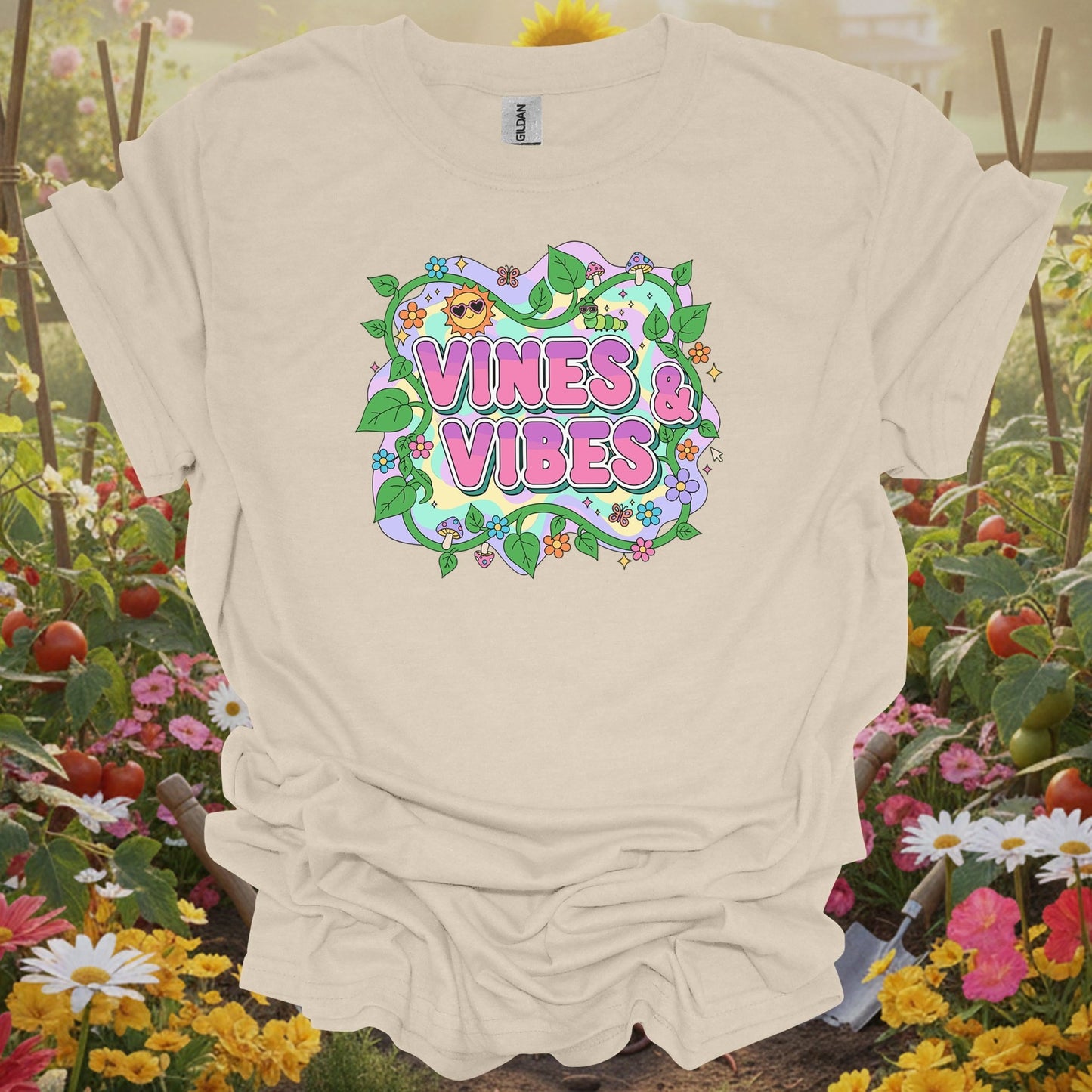 Natural tshirt showing psychedelic Y2K vines and vibes retro design for folks vibing with vines