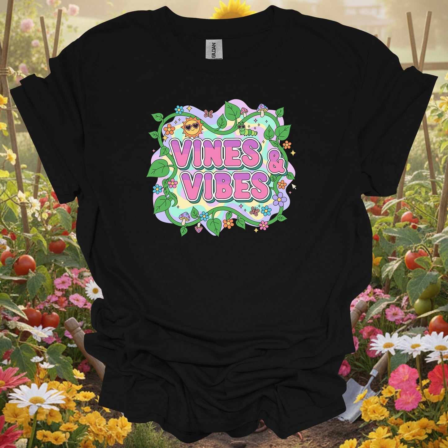 Black shirt showing psychedelic Y2K vines and vibes retro design for groovy gardeners