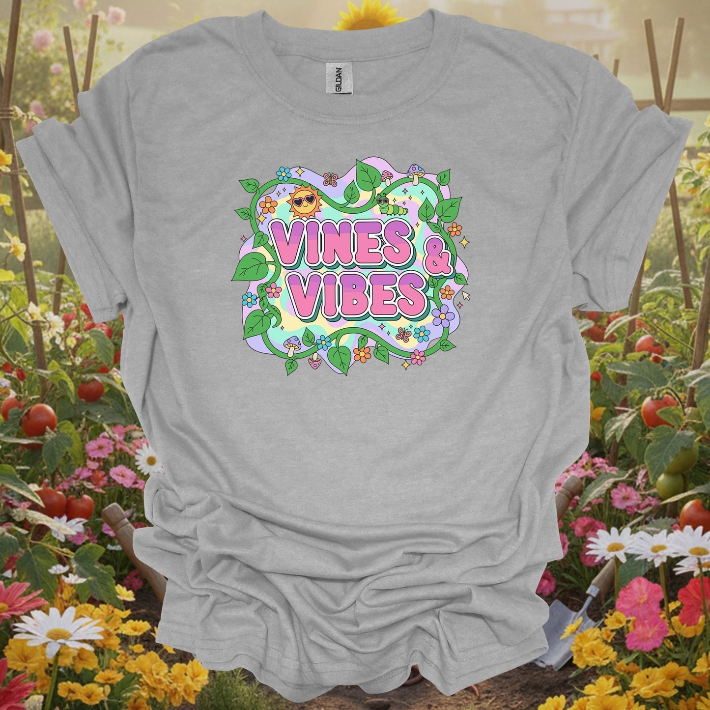 Sport Grey tshirt showing psychedelic Y2K vines and vibes retro design for colorful pattern enthusiasts
