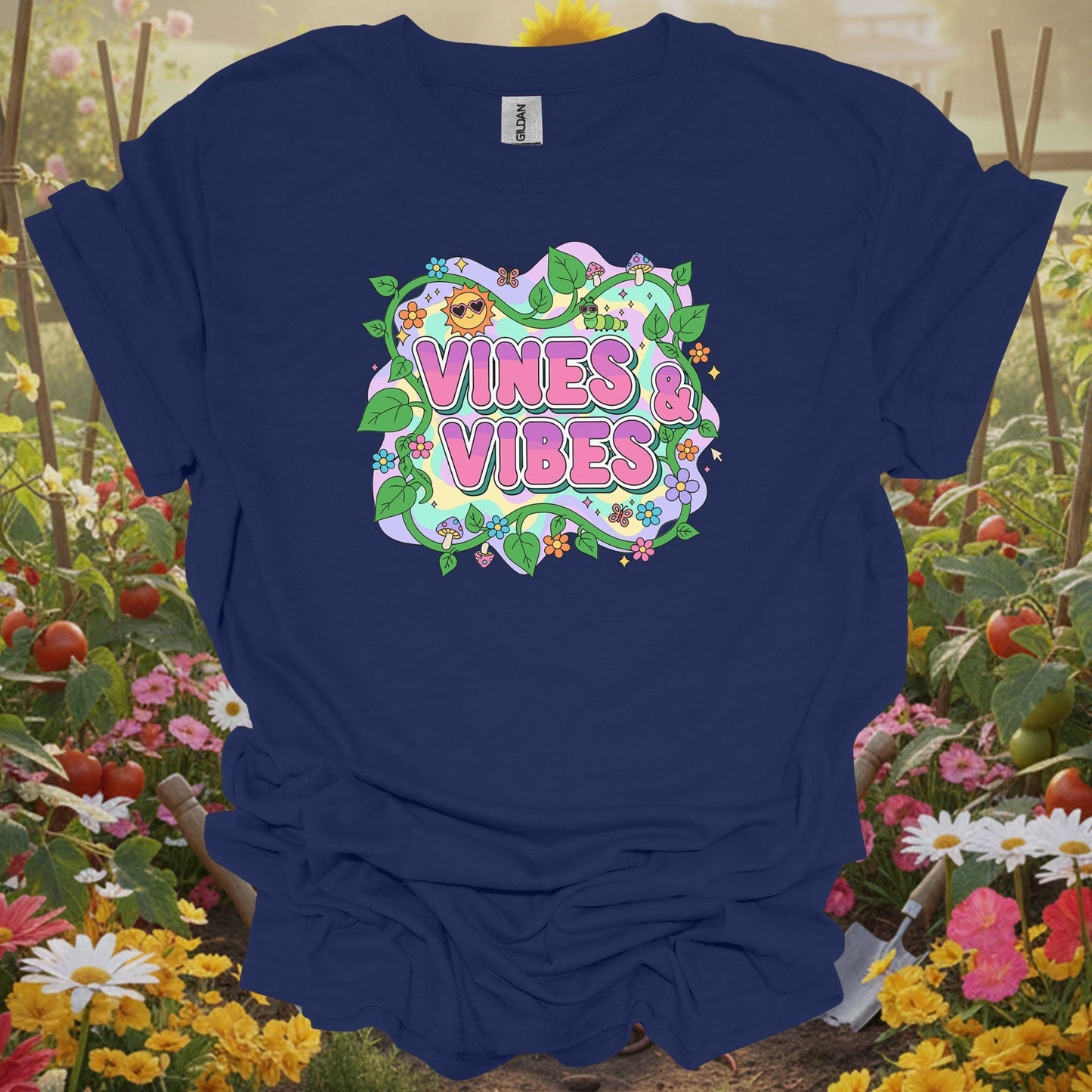 Navy tshirt showing psychedelic Y2K vines and vibes retro design for vine growers