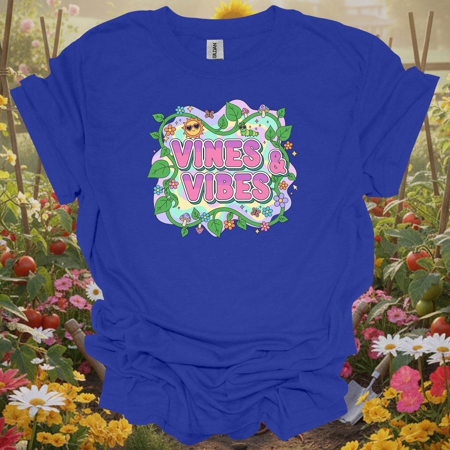 Royal top showing psychedelic Y2K vines and vibes retro design for retro vibe gardeners