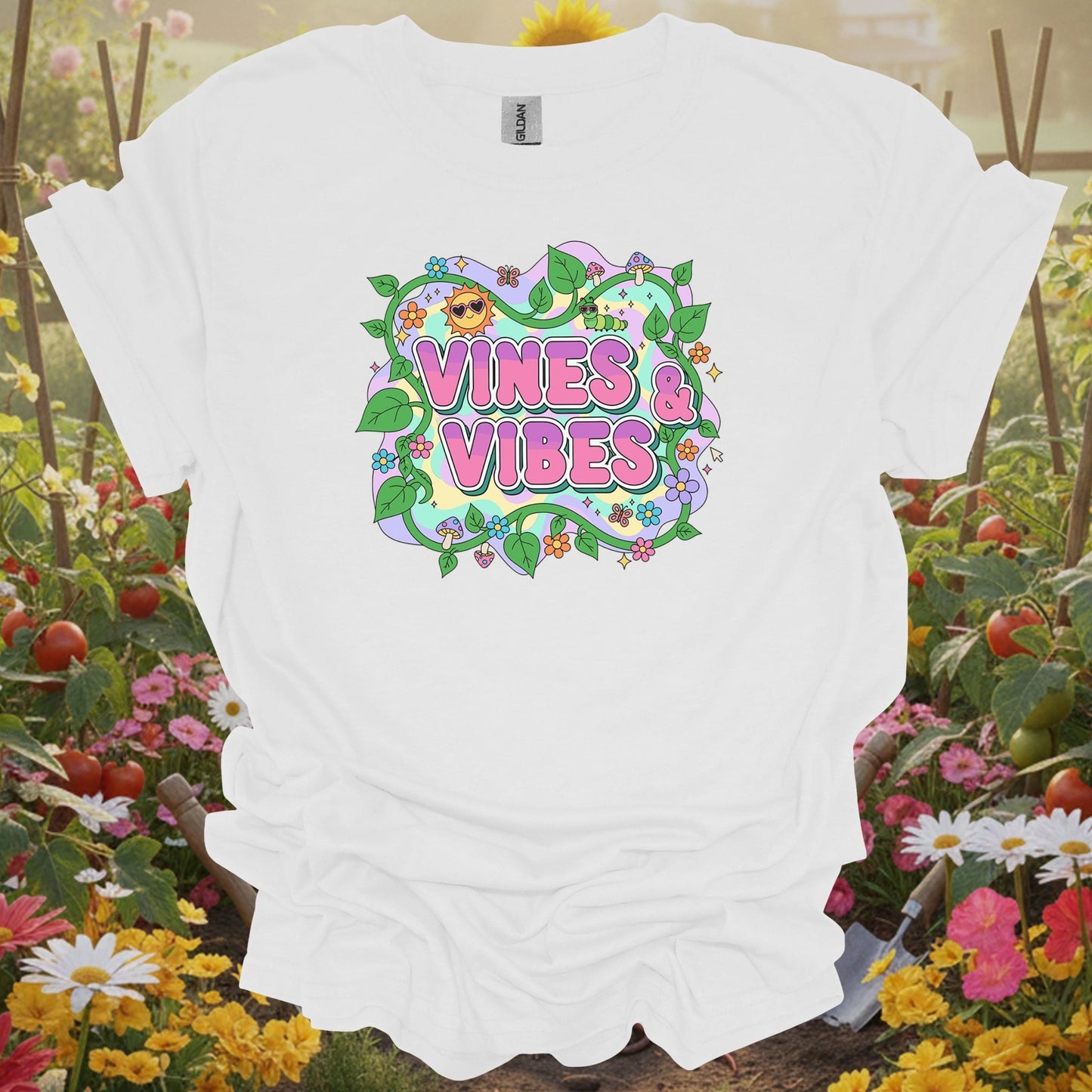 White tee showing psychedelic Y2K vines and vibes retro design for people with climbing plants