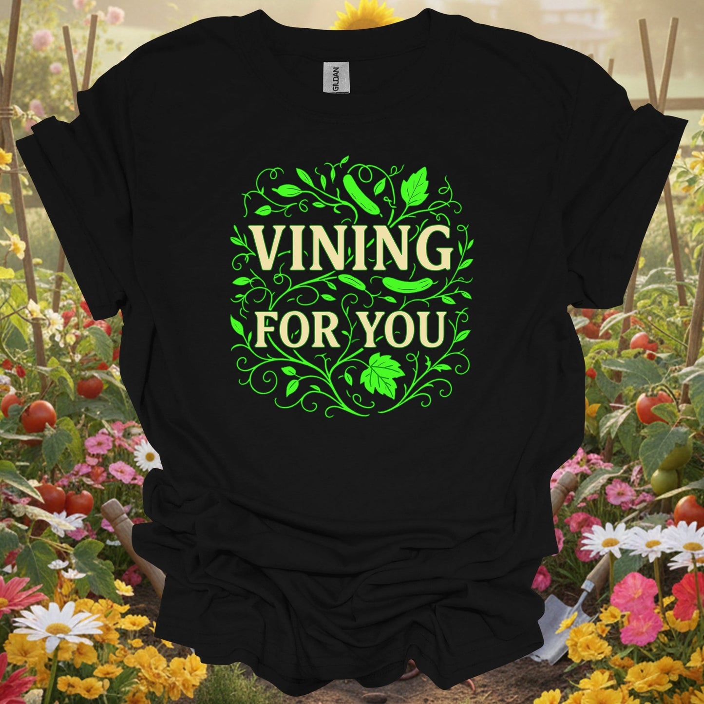 Black tshirt showing vining for you funny cucumber pun for gardening enthusiasts
