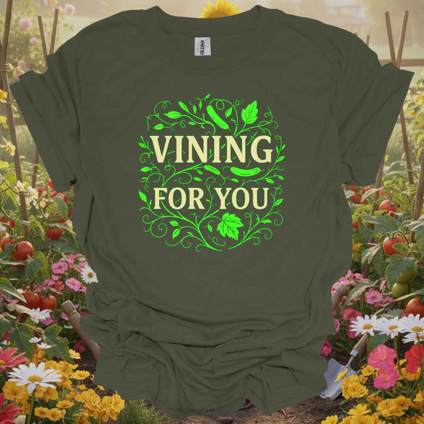 Military Green top showing vining for you funny cucumber pun for nature lovers
