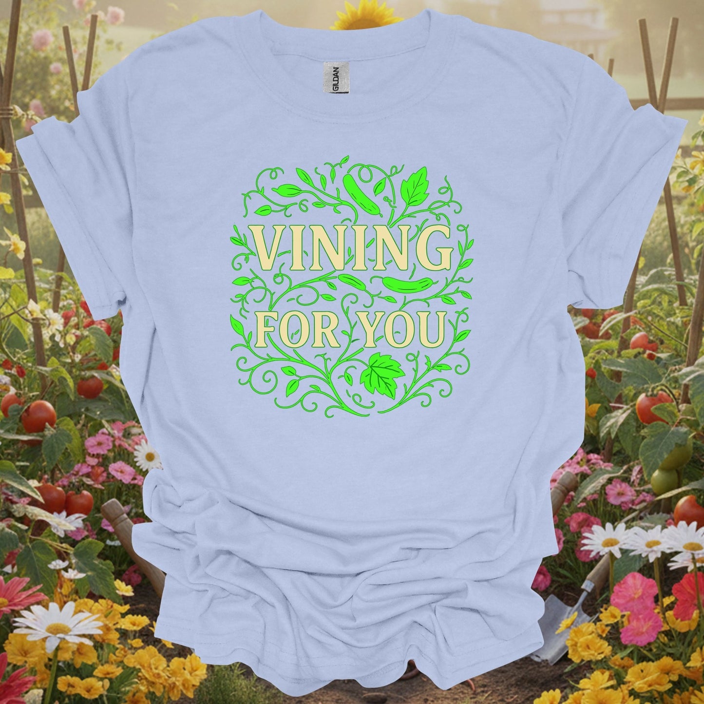 Light Blue shirt showing vining for you funny cucumber pun for home gardeners