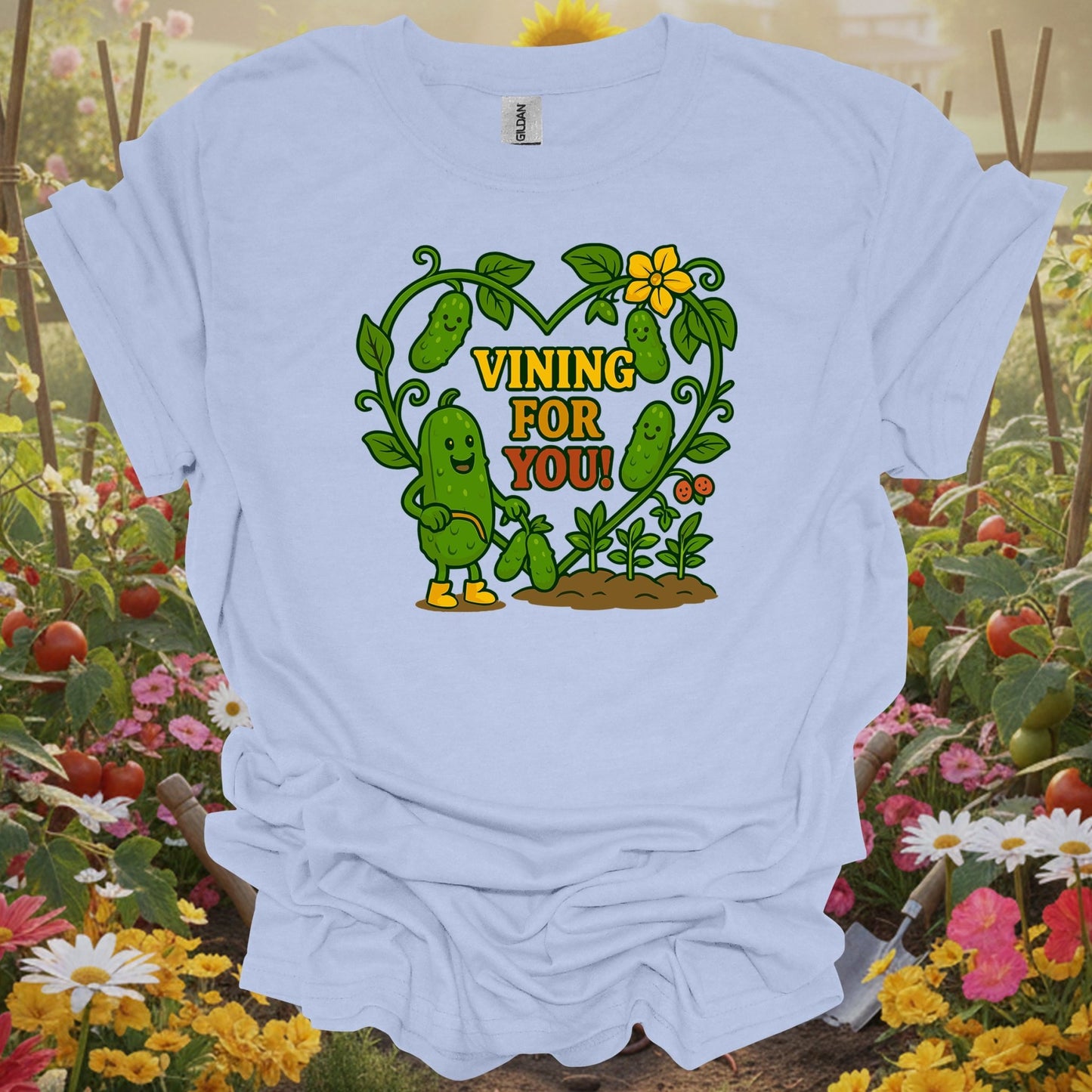 Light Blue shirt showing vining for you funny cucumber heart for home gardeners