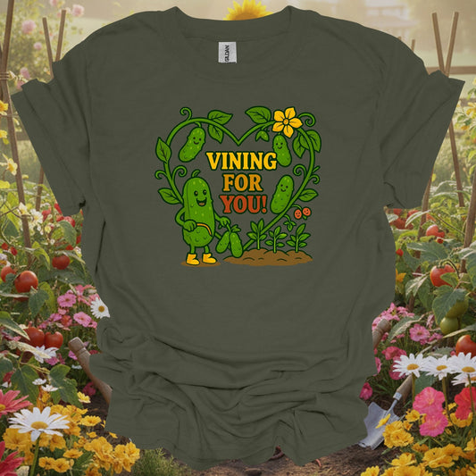 Military Green tshirt showing vining for you funny cucumber heart for gardening enthusiasts