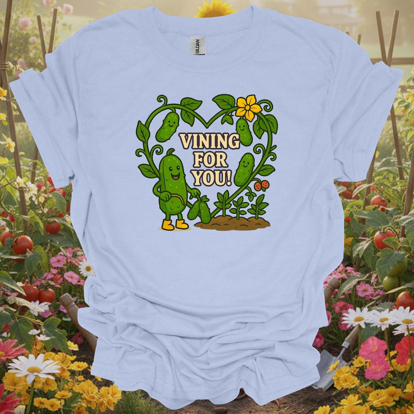 Light Blue shirt showing romantic pickle with vining for you pun for folks with garden humor