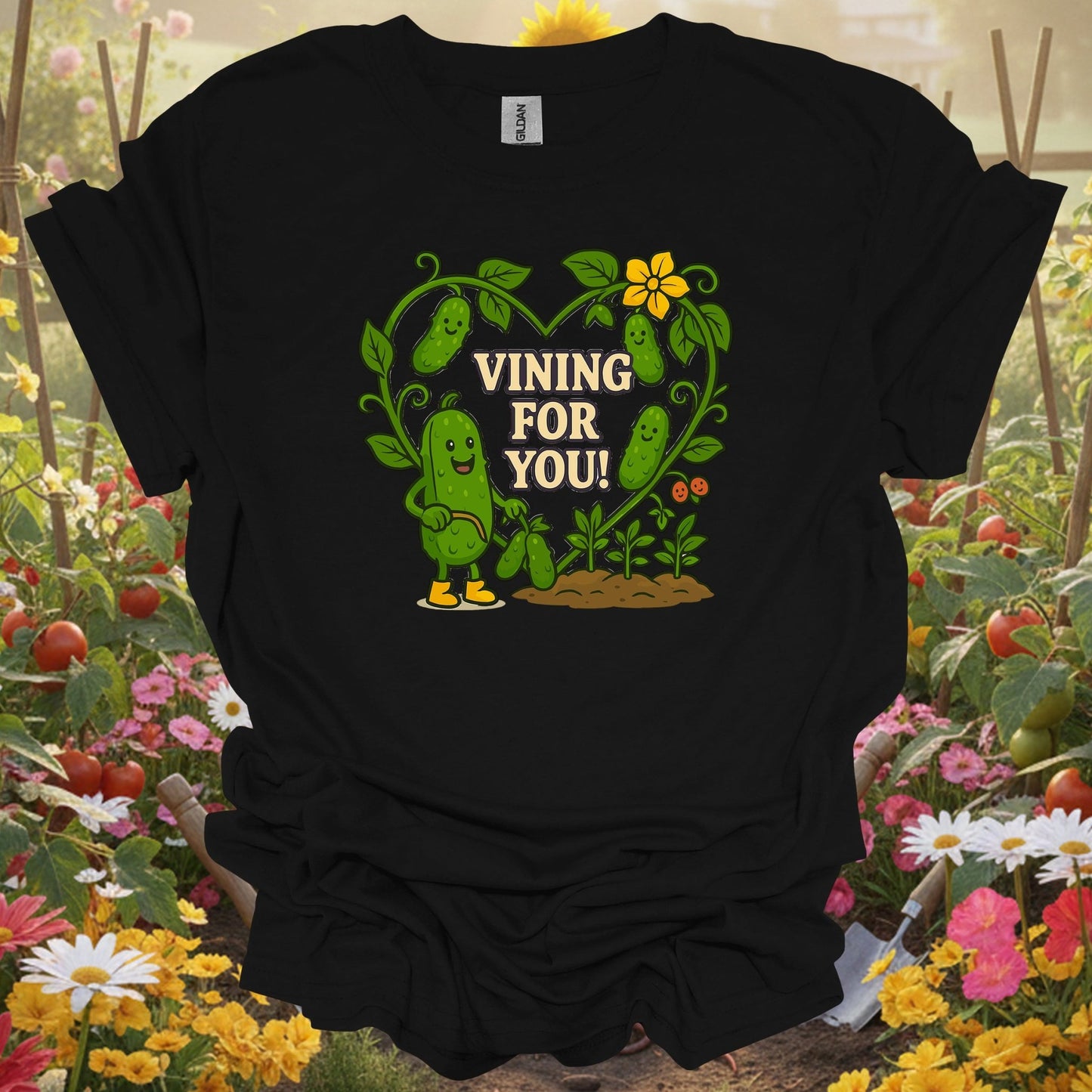 Black shirt showing romantic pickle with vining for you pun for romantic spirits