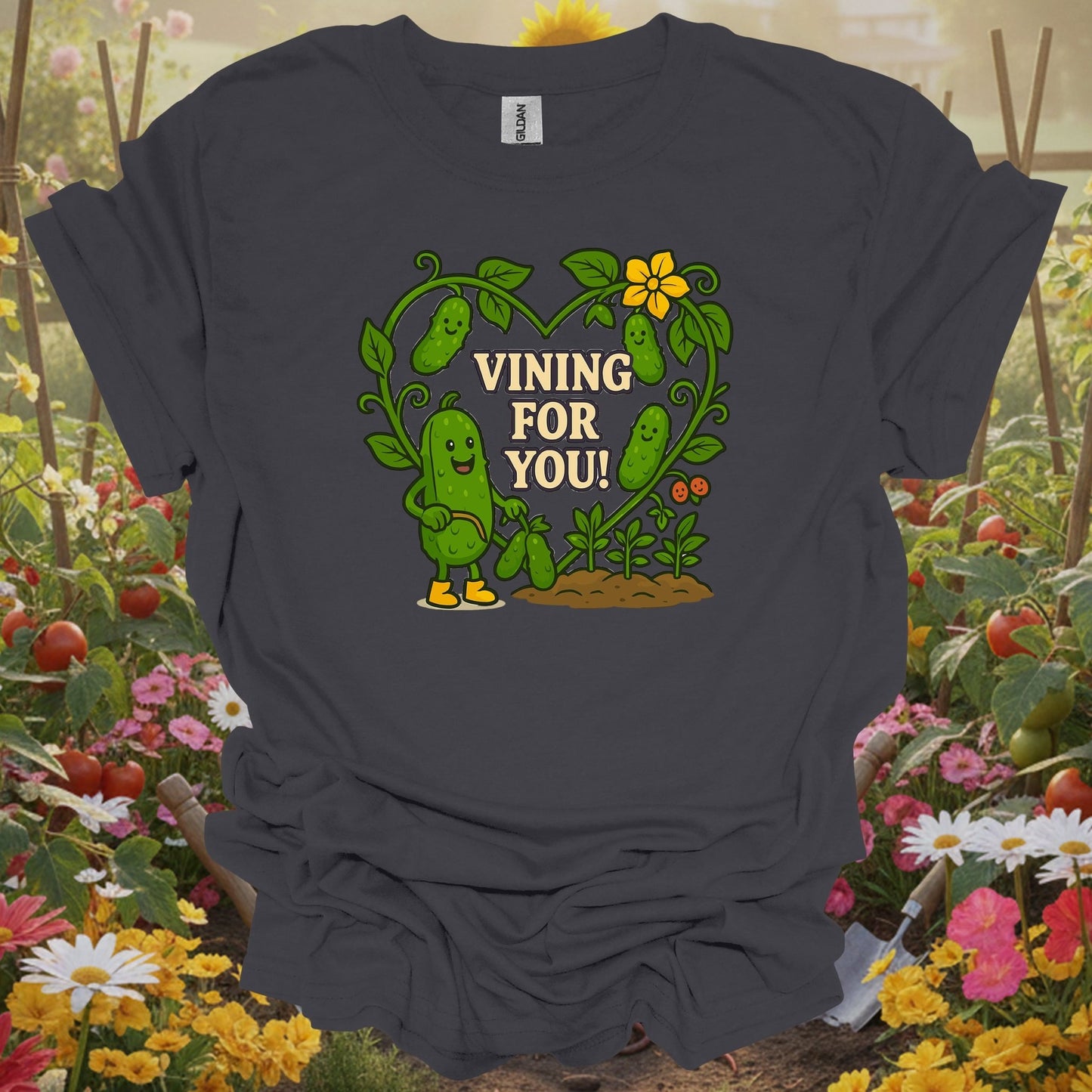 Charcoal tee showing romantic pickle with vining for you pun for romantic gardeners