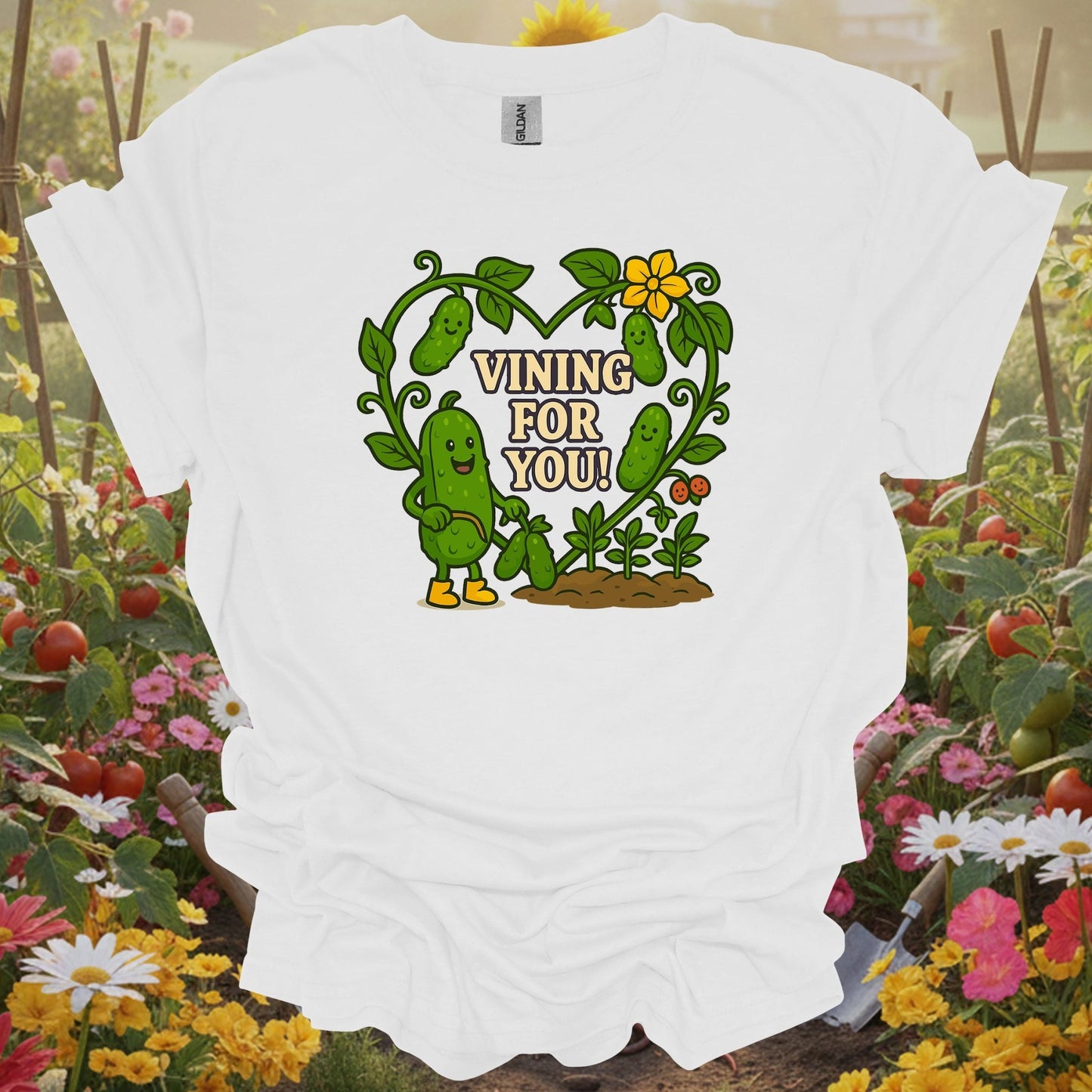 White tee showing romantic pickle with vining for you pun for cucumber gardeners