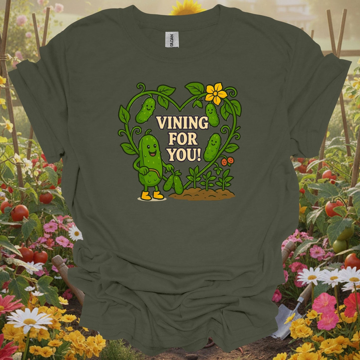 Military Green top showing romantic pickle with vining for you pun for garden valentine enthusiasts