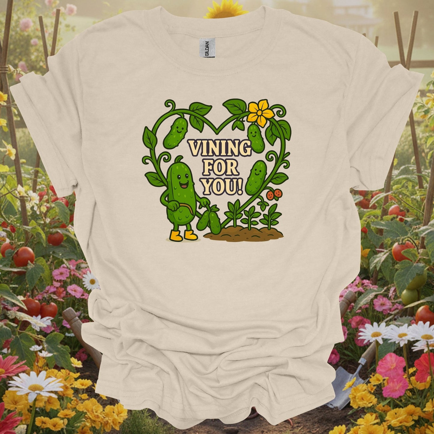 Natural tshirt showing romantic pickle with vining for you pun for people vining for someone