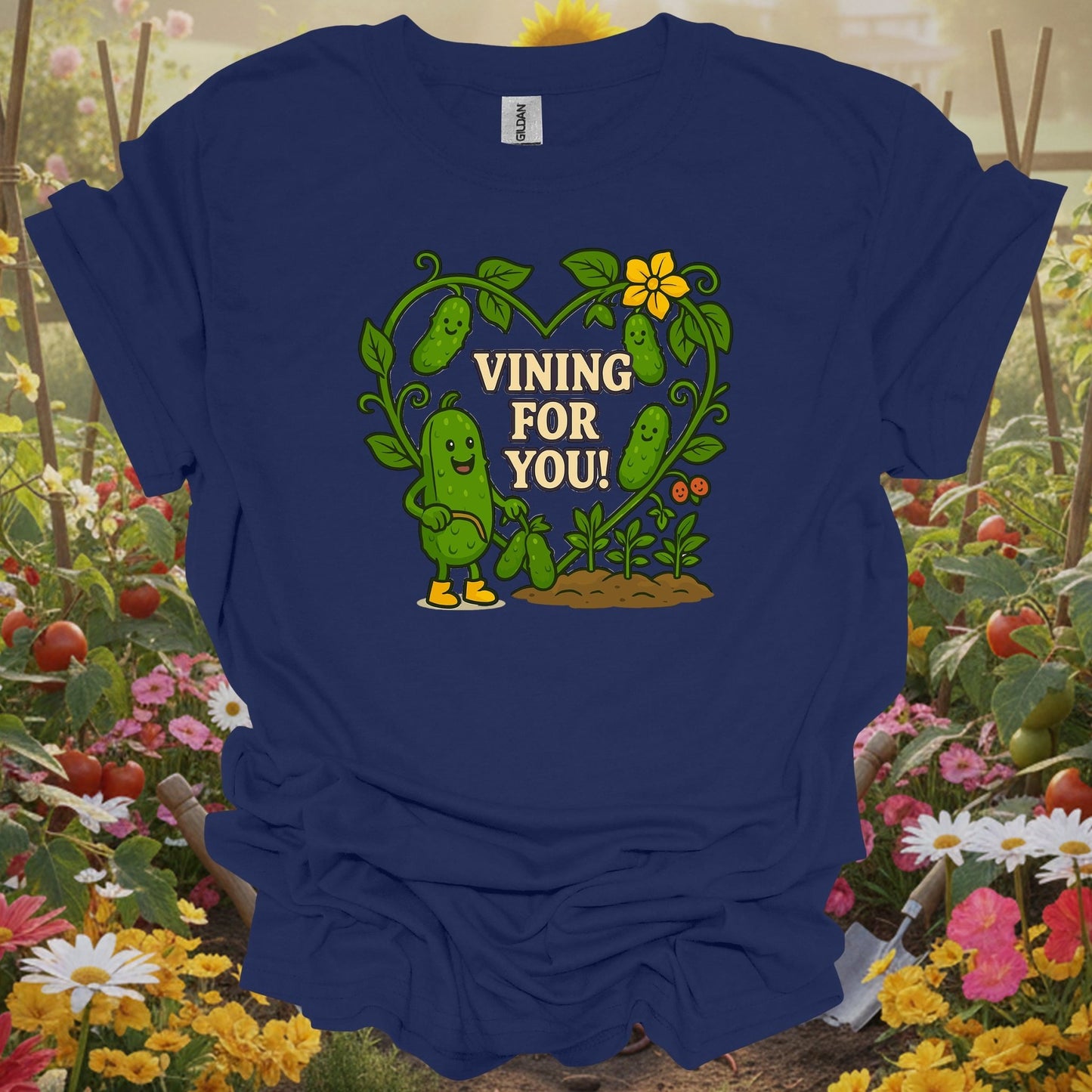 Navy top showing romantic pickle with vining for you pun for vine growers