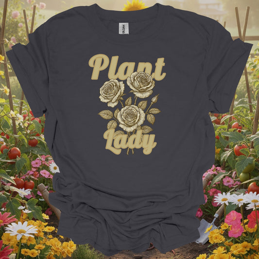 Charcoal tee showing vintage botanical roses with plant lady text for rose lovers and plant ladies
