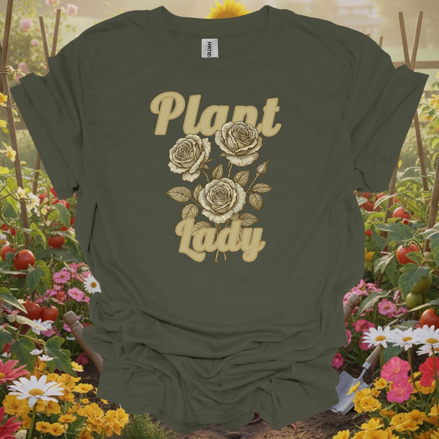 Military Green top showing vintage botanical roses with plant lady text for rose lovers and plant ladies